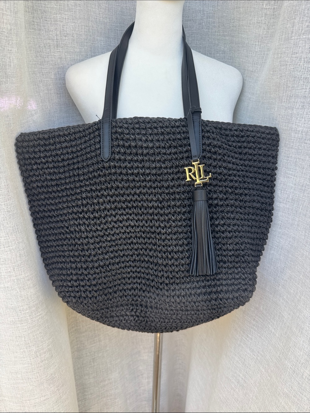Lauren Ralph Lauren black Crochet straw Whitney tote "RL" monogram tassel charm - Picture 1 of 10
